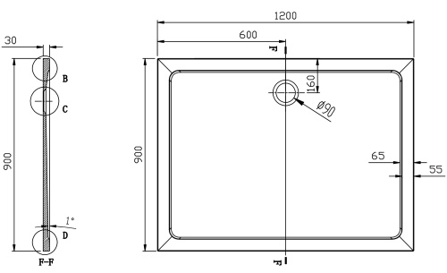 Schita dimensiuni cadita dus semirotunda 900 x 900 mm