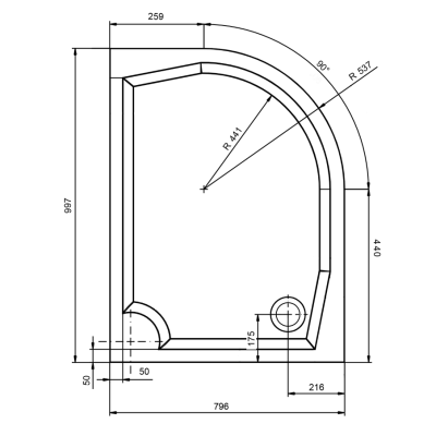 Cadita dus semirotunda 100 x 80 cm Gelco Riva stanga