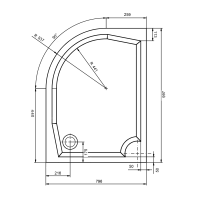 Cadita dus semirotunda 100 x 80 cm Gelco Riva dreapta