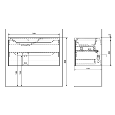 Duap lavoar baie 90 x 48 cu sertare Sapho Wave