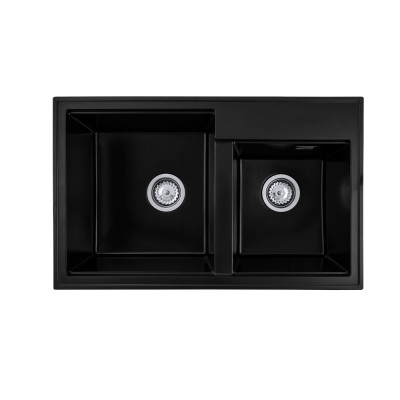Chiuveta bucatarie granit neagra uni doua cuve asimetrice 80 x 50 cm Granitex Elite Duo