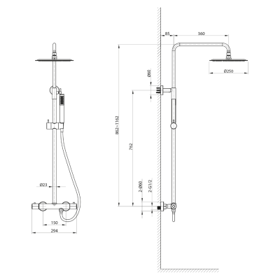 Coloana set dus negru cu baterie termostatica design cilindric SAPHO