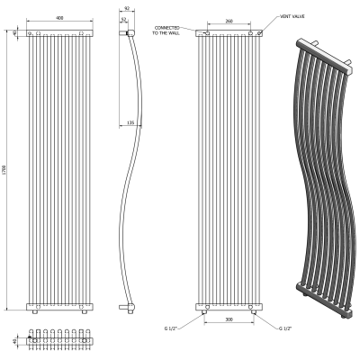 Radiator baie coloane verticale ondulate 40 x 170 cm cromat SAPHO Onda