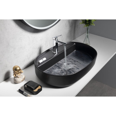 Lavoar oval pe blat negru mat cu orificiu baterie Isvea Infinity 60 x 40 cm