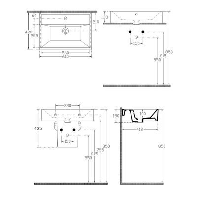 Lavoar dreptunghiular pe blat negru 60x42, margini slim, Isvea Sistema