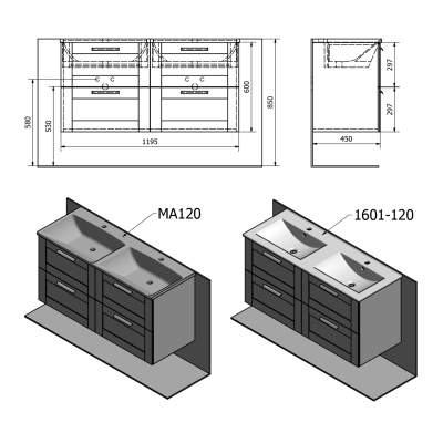 Dulap dublu lavoar stil rustic cu sertare Sapho Amia 120