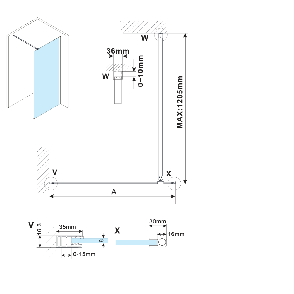 Schita dimensiuni cabina walk-in profil cromat orizontal unghi drept Schita dimensiuni cabina walk-in profil cromat orizontal unghi drep