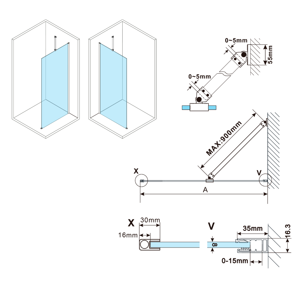 Schita dimensiuni cabina walk-in esca profile cromate sticla mata Schita dimensiuni cabina walk-in esca profile cromate sticla mata