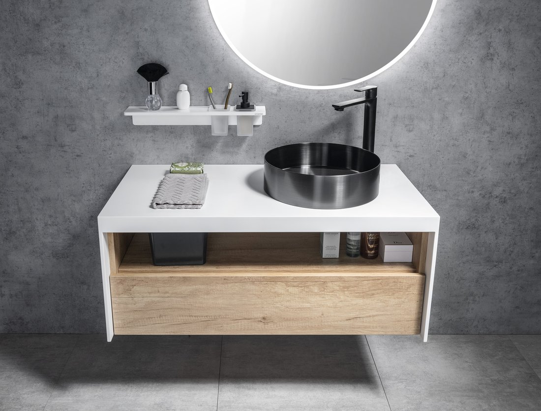 Amenajare baie lavoar otel gun metal pe mobilier cu blat