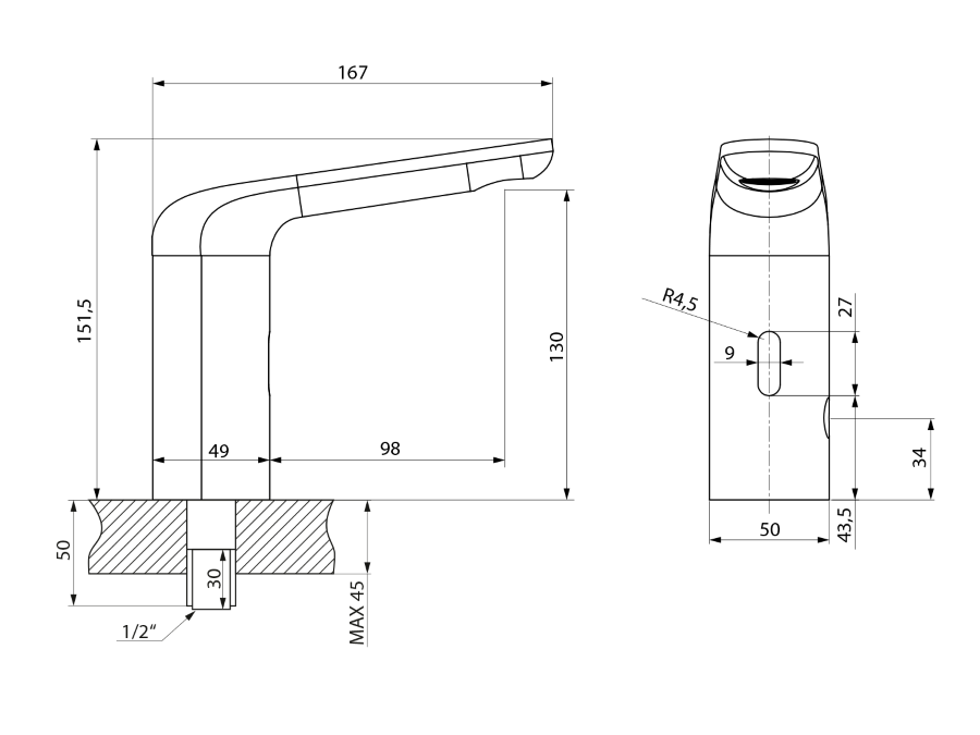 Schita dimensiuni baterie seenzor Sapho Trend Design