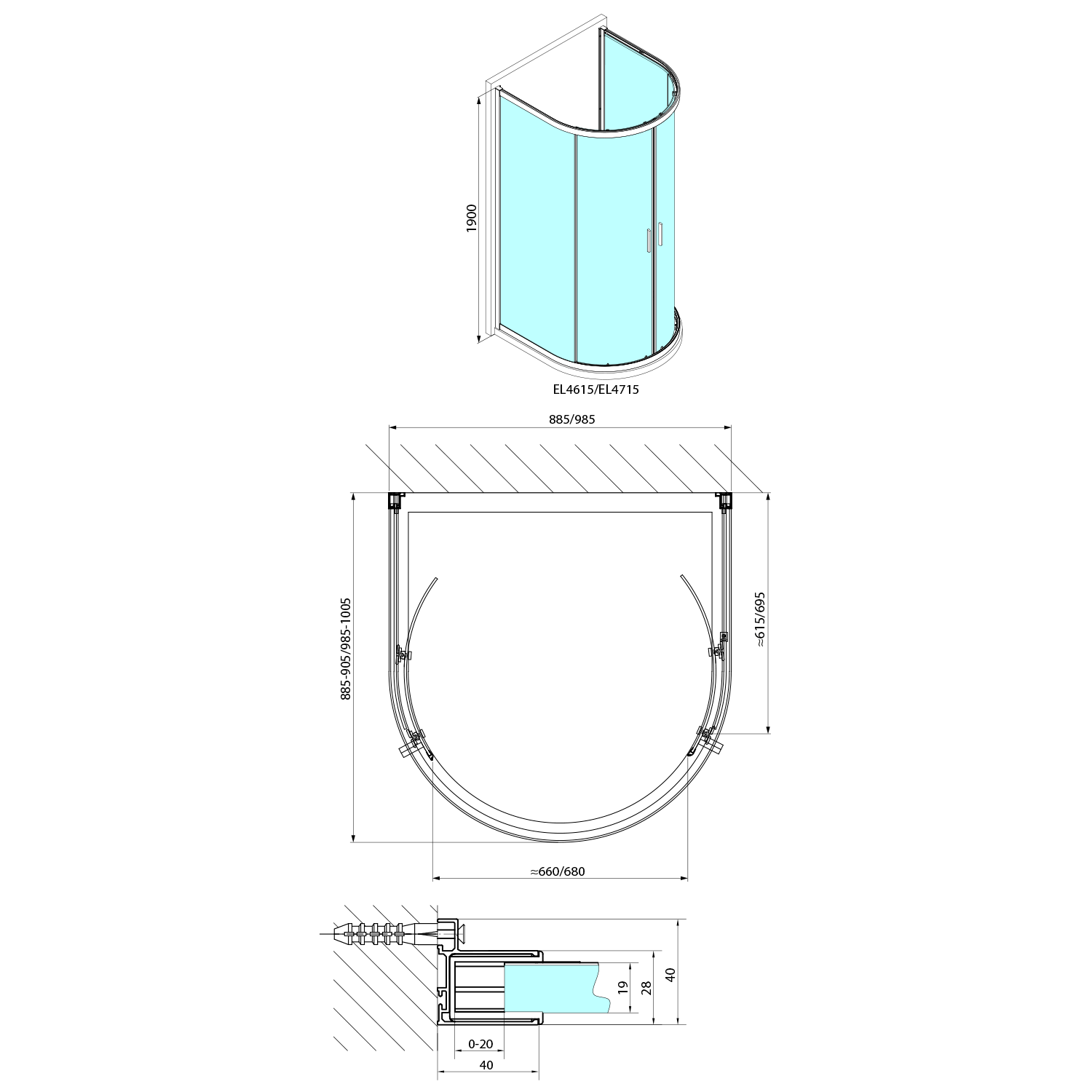 Schita dimesiuni cabina dus Polysan Easy trei laturi usi culisante