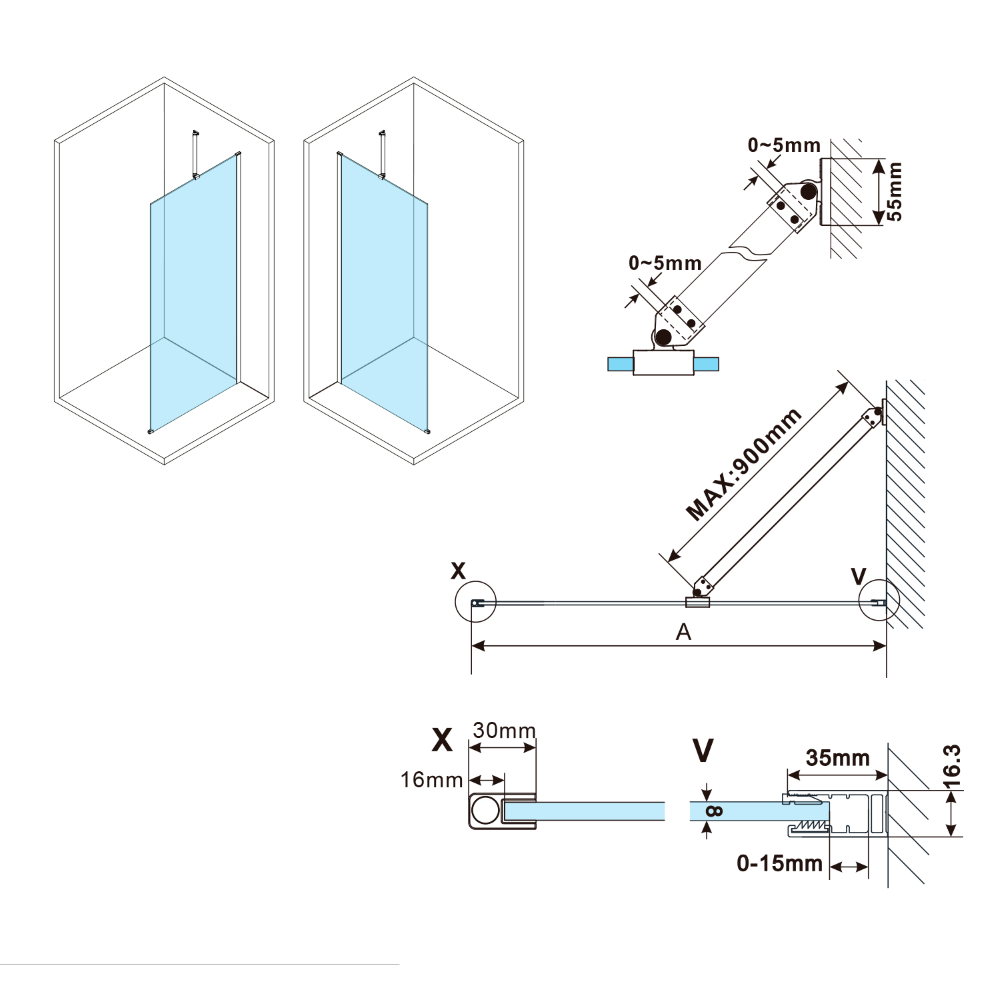 Schite dimensiuniparavan dus sticla securizata 8 mm profile cromate