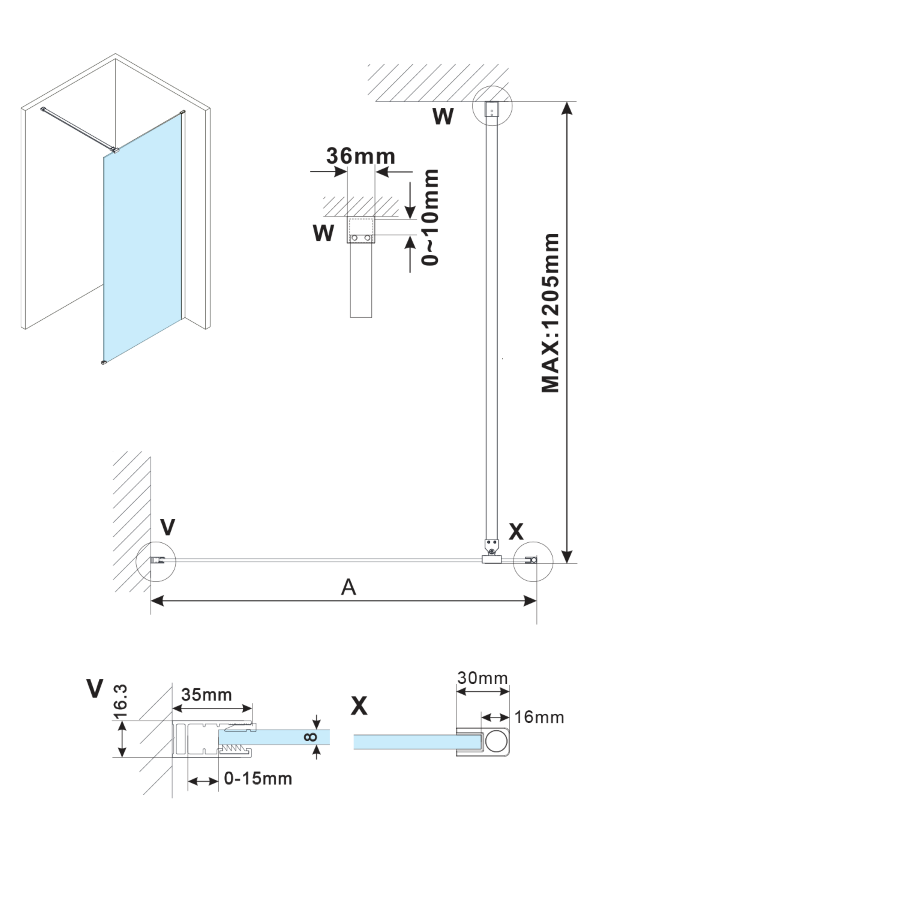 Schita dimensiuni cabina dus walk-in profile aurii brat fixare orizontal