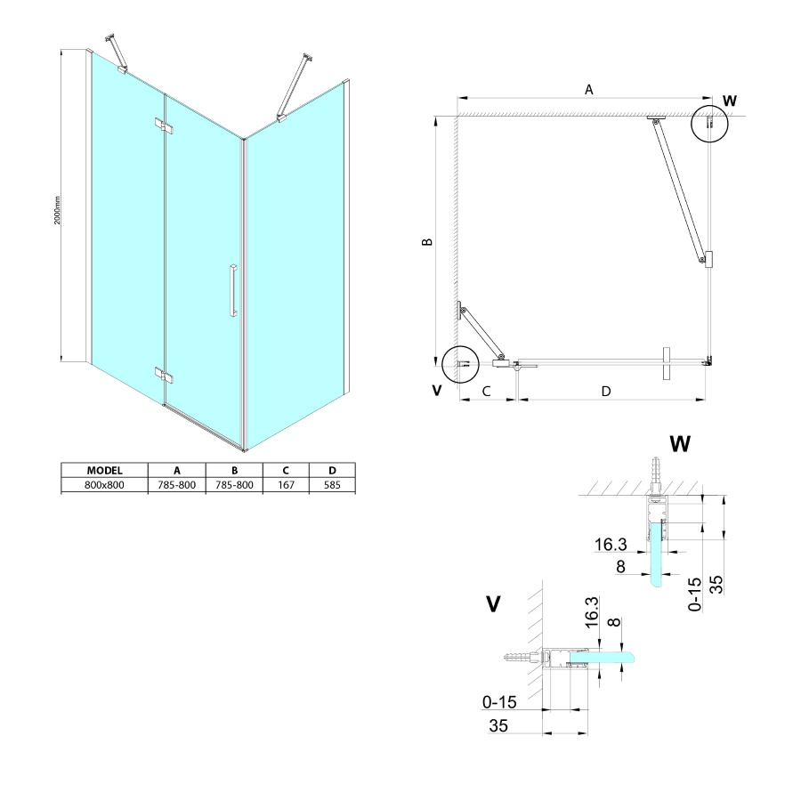 Schita dimensiuni Gelco Trinity cabina dus profile aurii