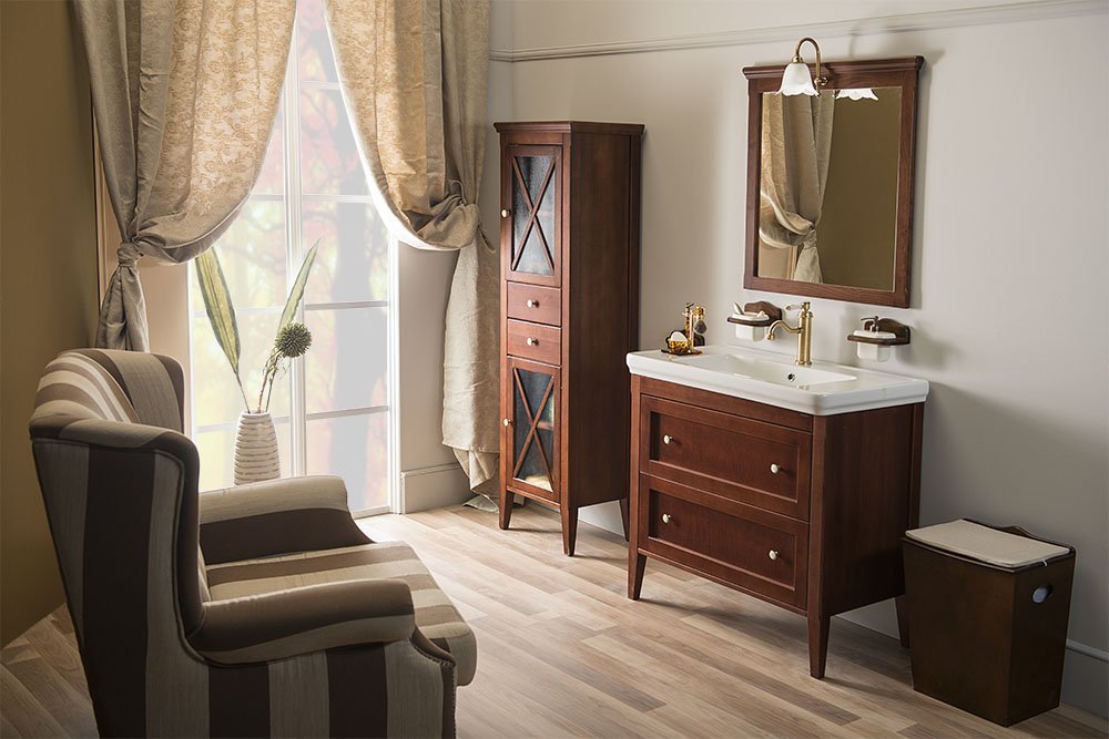 Idee amenajare baie retro cu mobilier lemn masiv Cross 90 Idee amenajare baie retro cu mobilier lemn masiv Cross 90
