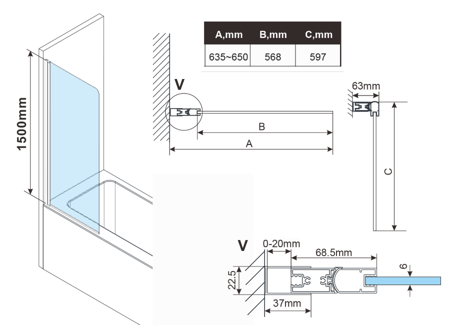 Schita dimensiuni 65 x 150 cm