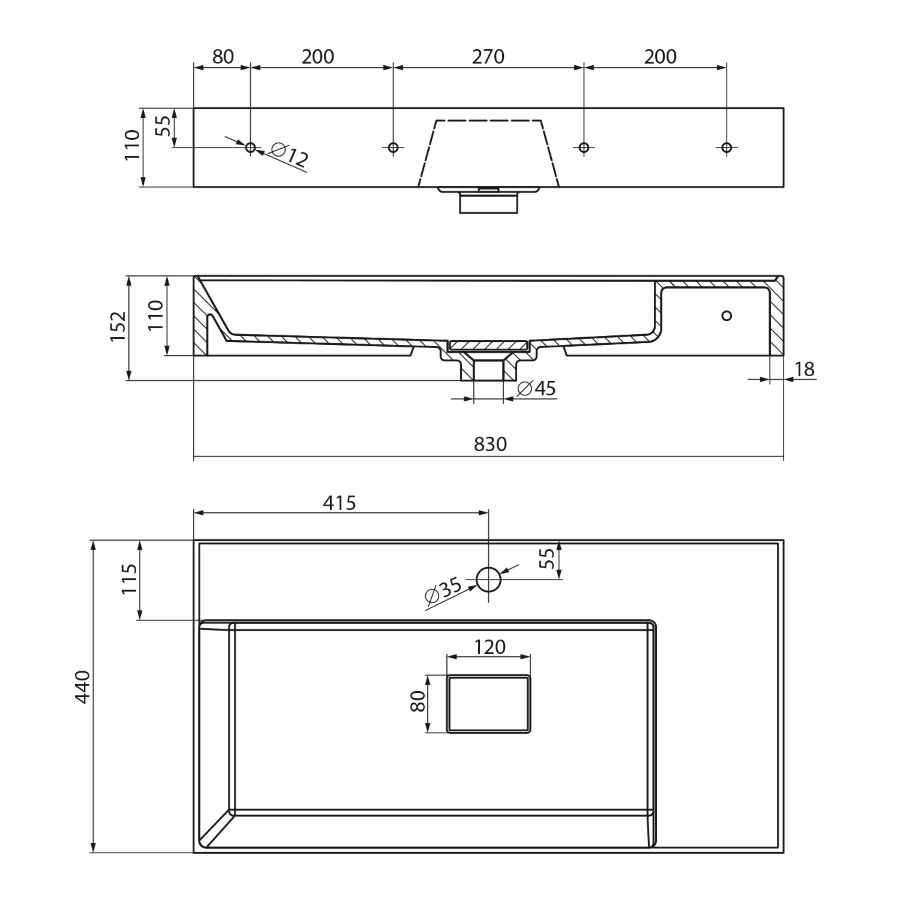 Schita dimensiuni lavoar sapho godiva 830 x 440 mm