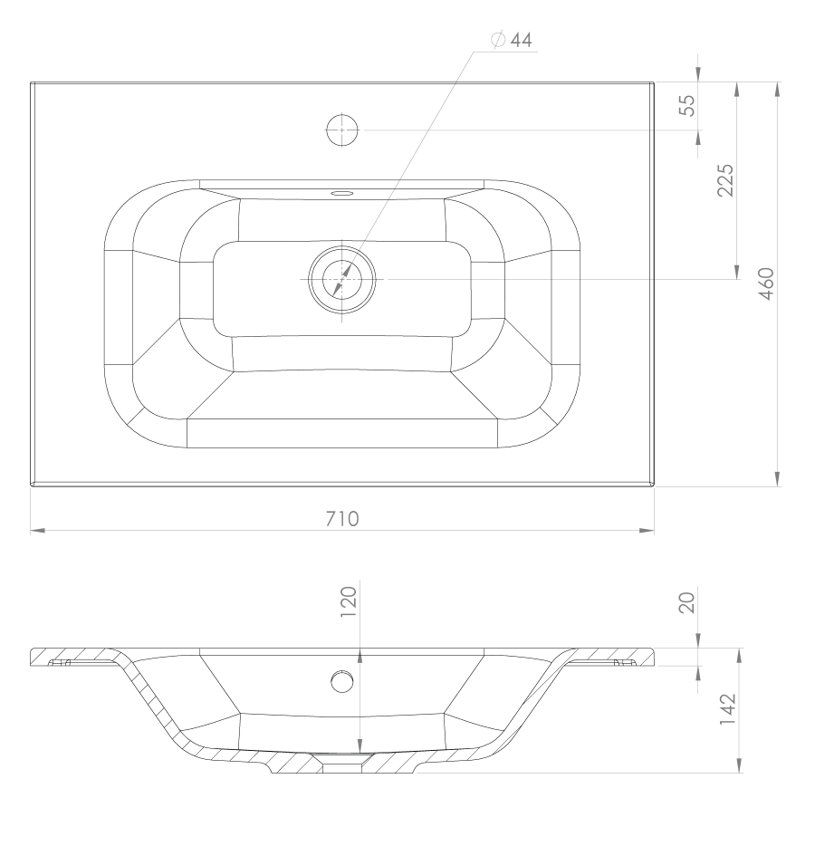 Schita dimensiuni lavoar Sidra 71 x 46 cm