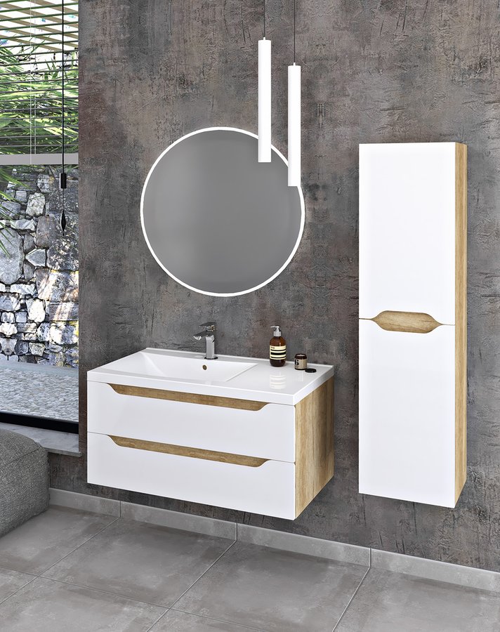 Idee amenajare mobilier alb stejar cu dulap sertare Wave 90