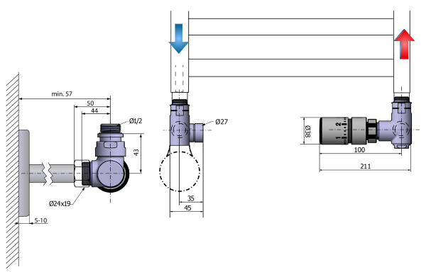 dimensiuni robineti radiator cromati cilindrici