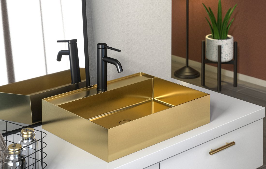 Idee amenajare baie lavoar auriu dreptunghiular pe blat Aurum Idee amenajare baie lavoar auriu dreptunghiular pe blat Aurum